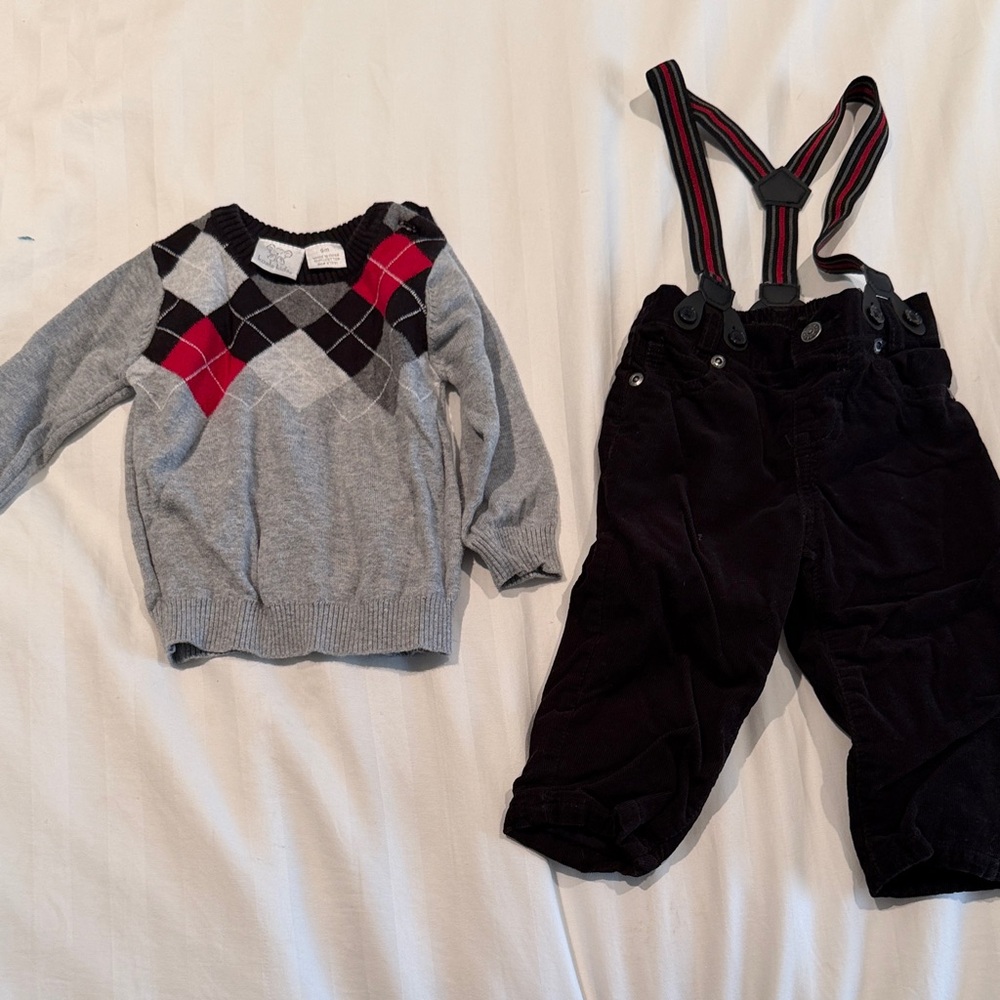 Koala Kids 9month Red and Gray Argyle Sweater and Corduroy pants and suspenders